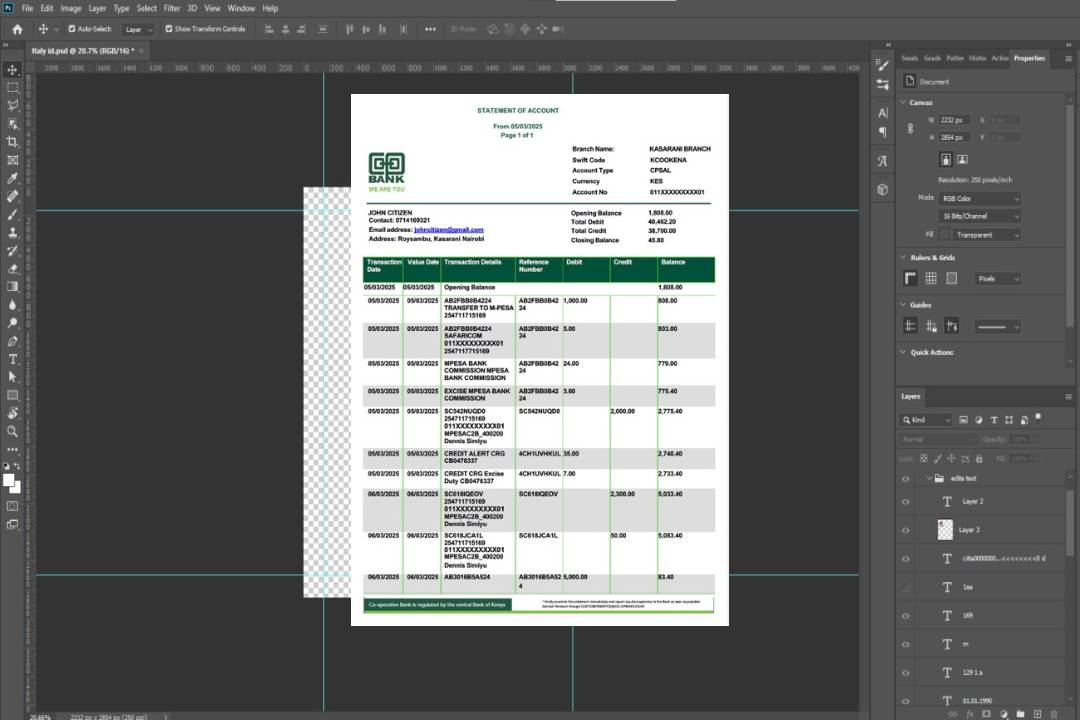 Relevé de la Kenya Co-operative Bank Modèle Word et PDF, version 2 template